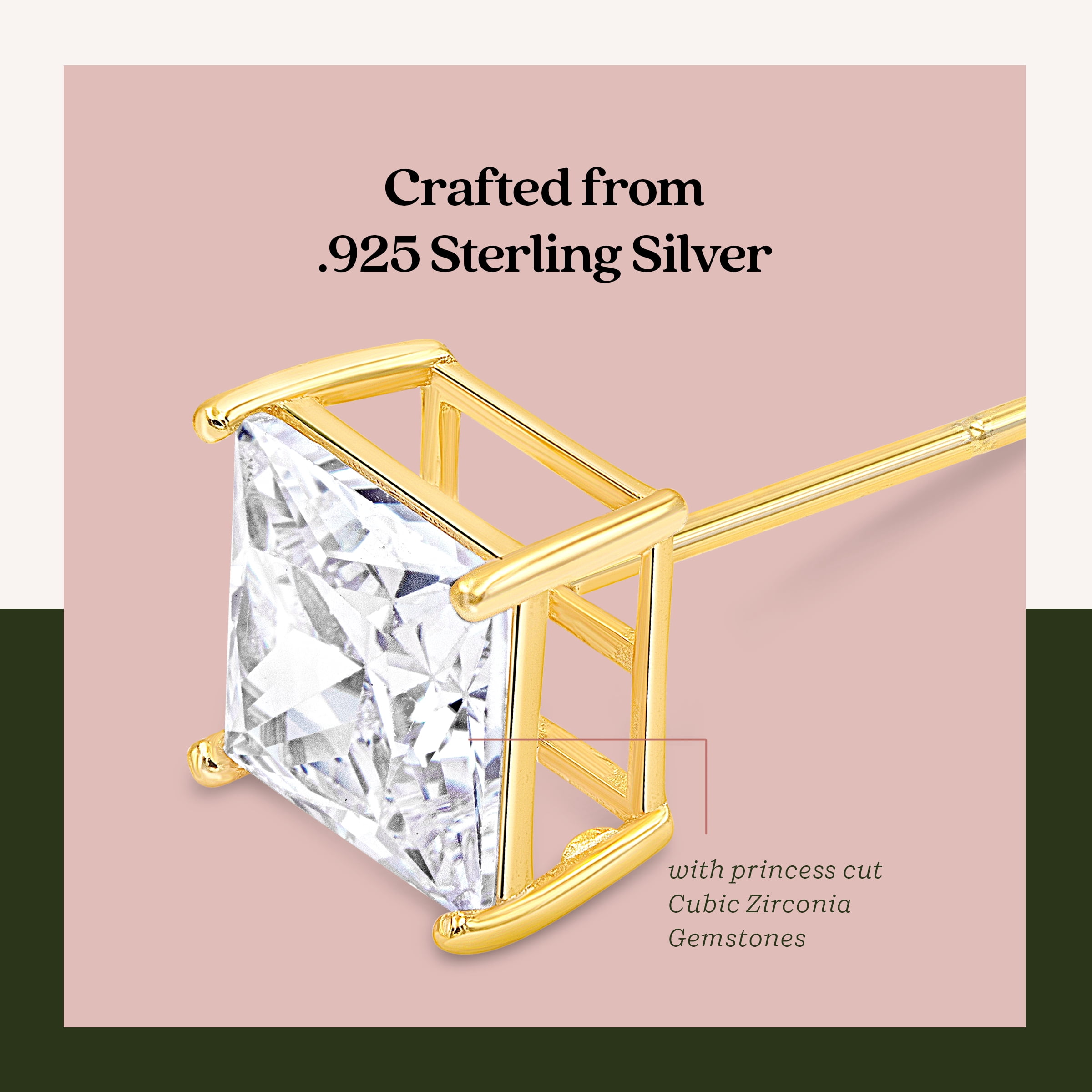 9mm Princess Cut Cubic Zirconia Basket Set Solitaire Stud Earrings Gold Plated Sterling Silver