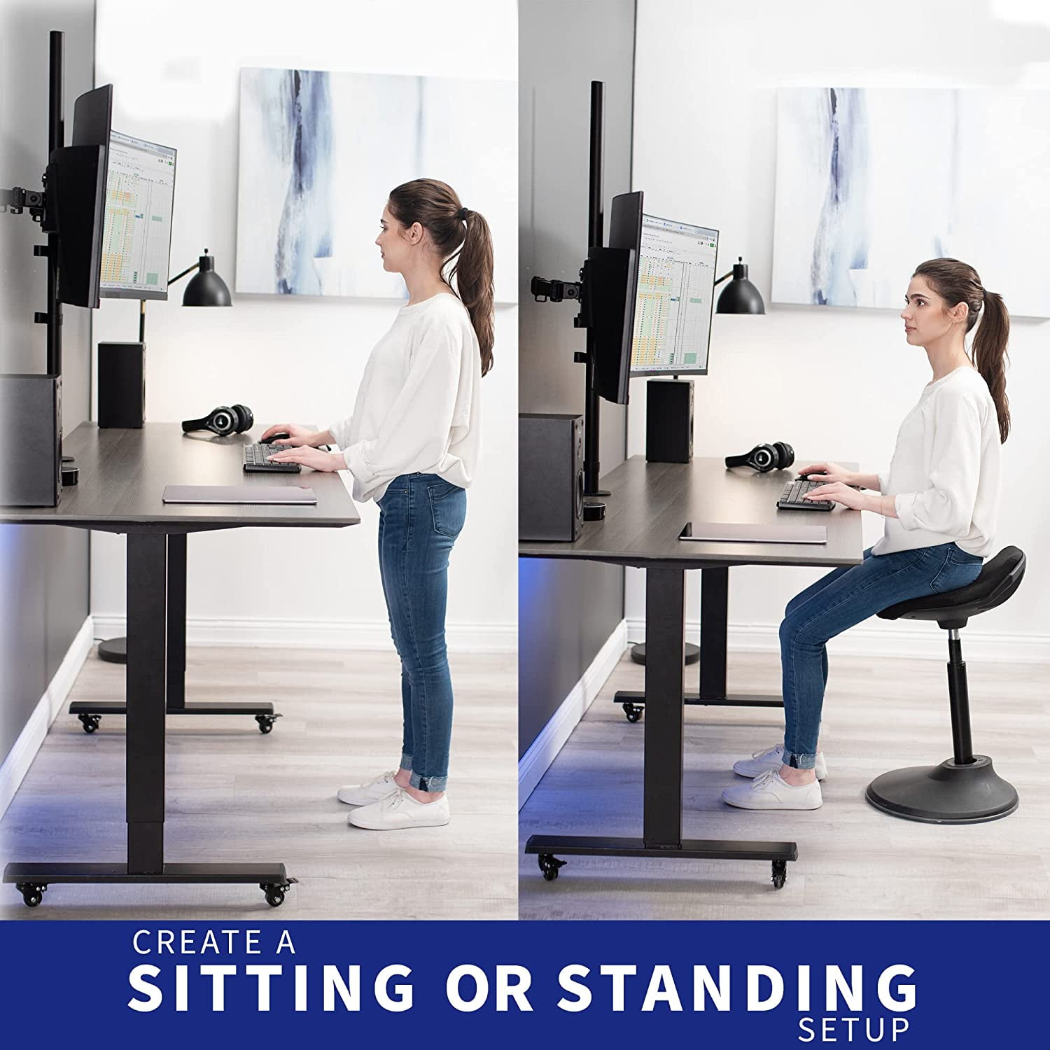 Dual Monitor Stand  Desk Mount  Tall 39 inch Pole Fully Adjustable for 13 to 27 inch Screens Black STAND-V012