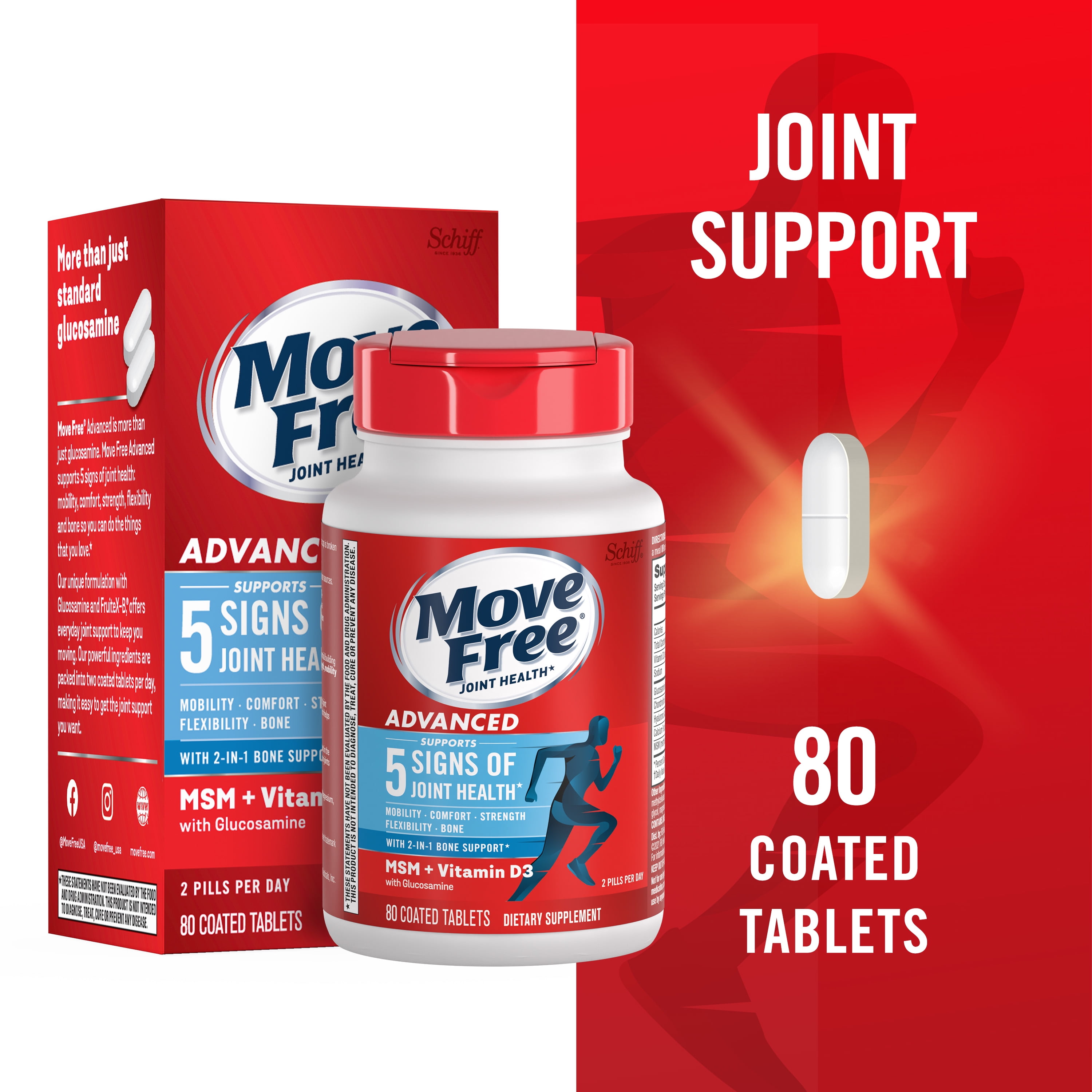 Move Free Advanced Plus MSM and Vitamin D3, 80 tablets - Joint Health Supplement with Glucosamine and Chondroitin