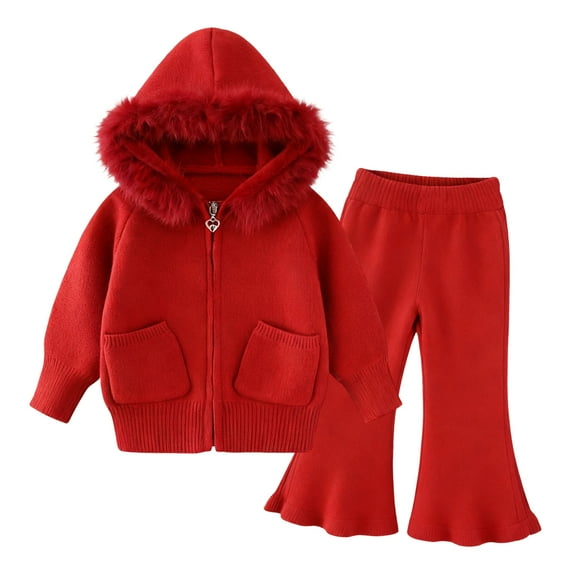 RUTAYY Children Girls Outfit Sets Cozy Long Sleeve Solid Color Hooded Cardigan with Trim and Relaxed Fit Two Pocket Knit Sweater Loungewear Trendy Vacation Sets