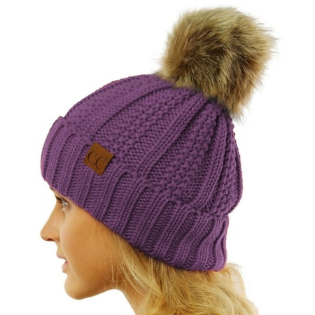 - CC Winter Sherpa Fleeced Lined Chunky Knit Stretch Pom Pom Beanie Hat Cap