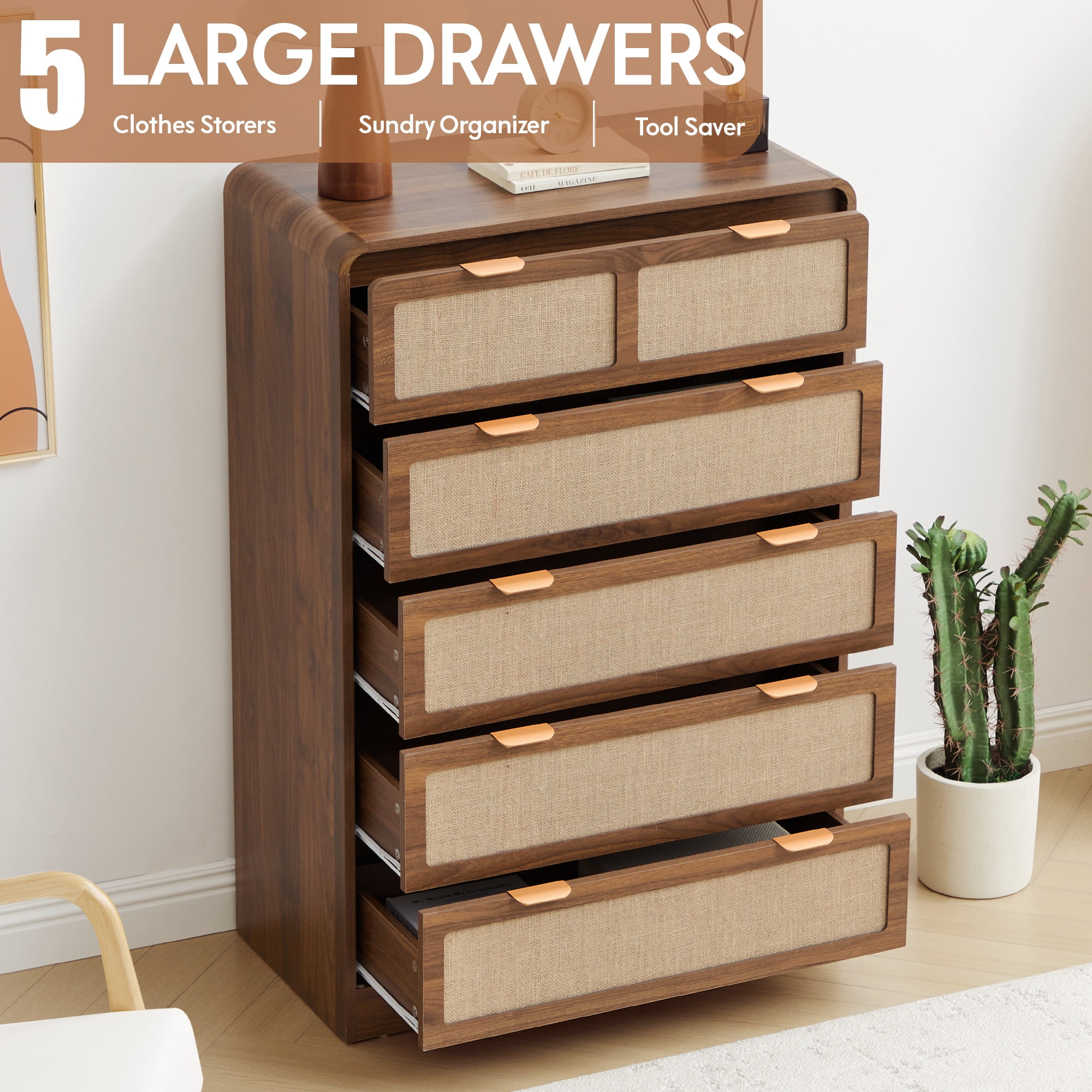 Wirrytor 5 Drawer Tall Rattan Bedroom Dresser, Boho Chest with Chest of Drawers with Curved Edge, Wood Closet Storage Organizer, Walnut