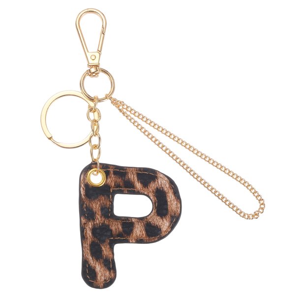 Llavero de Letra Inicial Uxcell (Letra P) - Llavero de Alfabeto Leopardo de Cuero PU para Decoración de Regalo de Fiesta para Hombres y Mujeres, Dorado