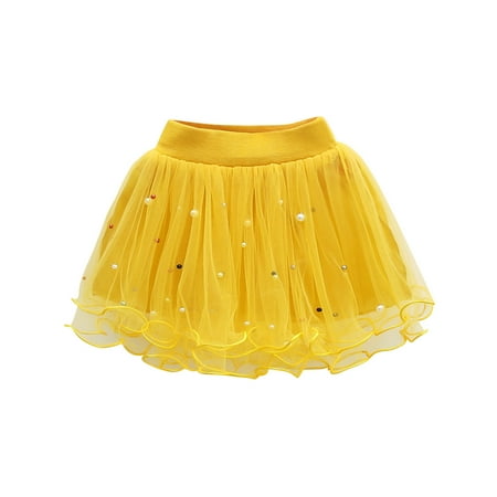 

FRSASU Clearance Toddler Girls Party Dance Costume Splice Solid Color Net Yarn Crimping Pearl Sequins Tulle Skirt Yellow 2Years