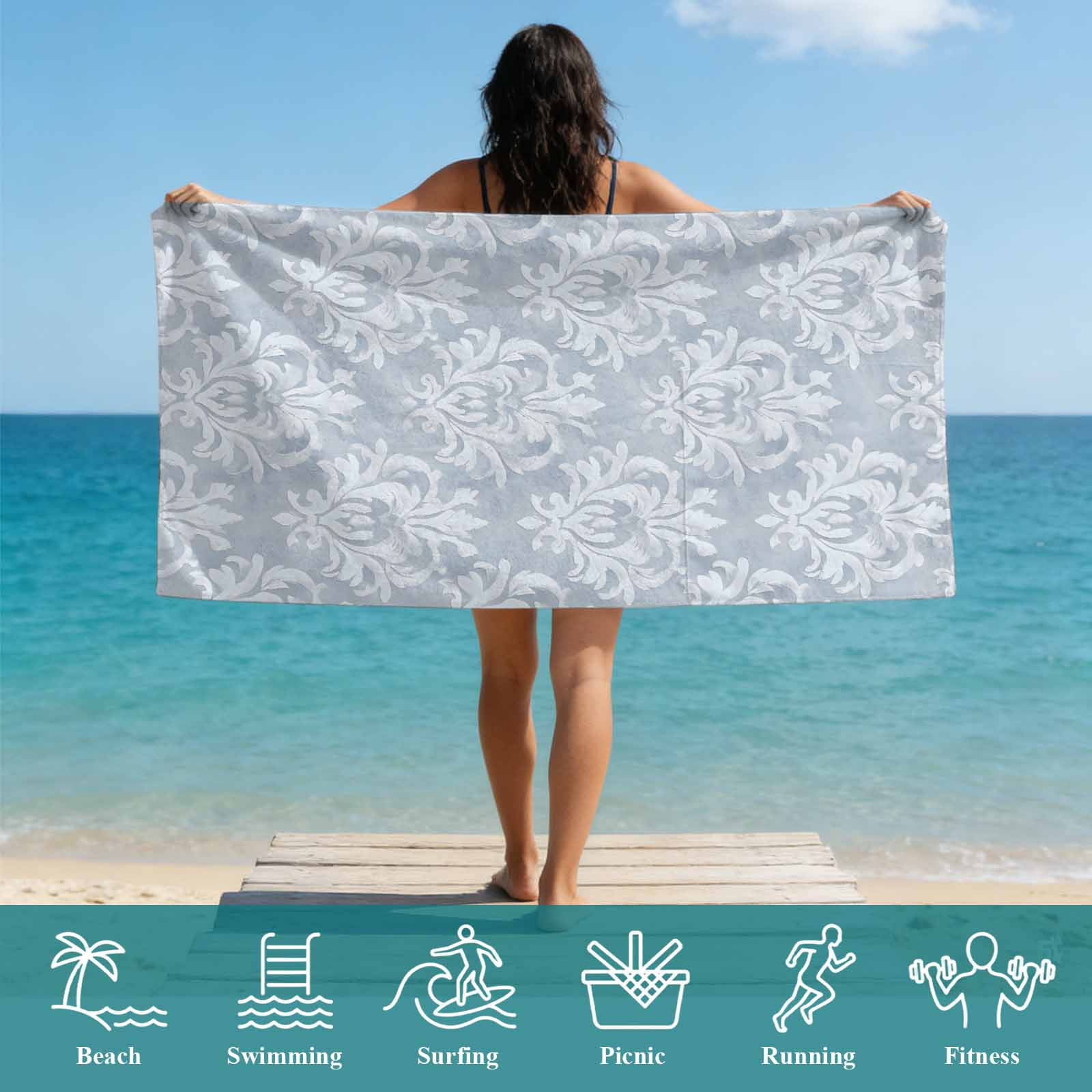 Beach Towel Backpack, Haze Blue Boho 2 in 1 Soft Absorbent Beach Blanket Travel Towels for Pool Swim Gym Picnic, Neutral Middle Century Turkish Pattern Portable Drawstring Bag Large 31.5x63 Inch