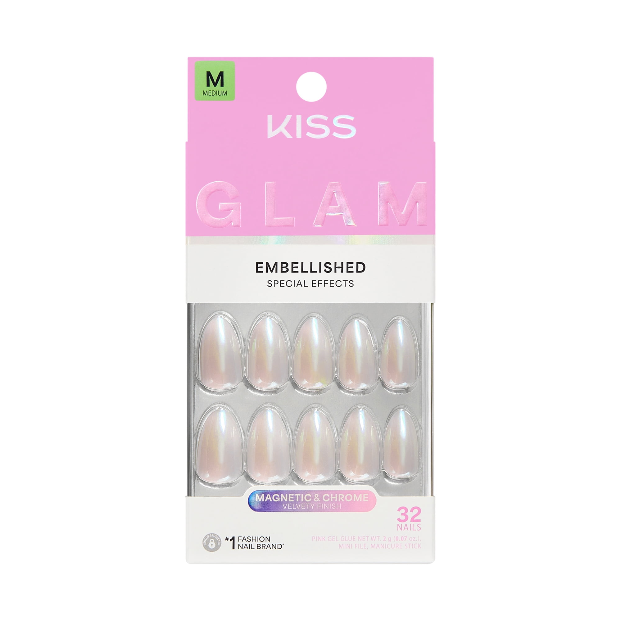 Kiss Glam Embellished Medium Almond Press-On Nails, Pink, 32 Pieces