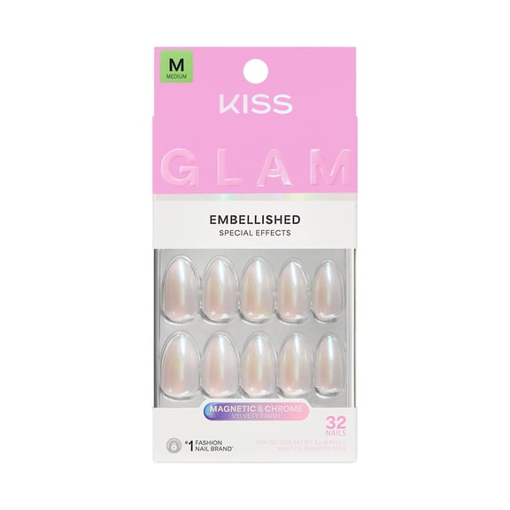 KISS GLAM Embellished Press On Nails Almond, ‘Dive’, Pink, Medium Length, 32 Count