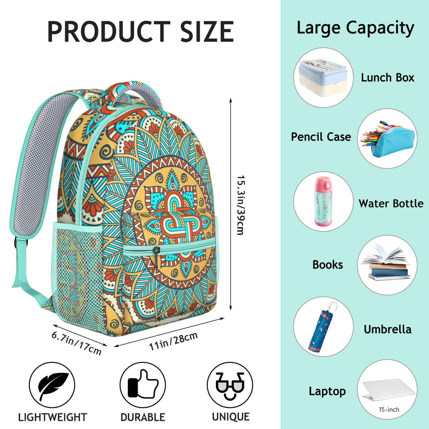 Spiritual Floral Mandala Backpack - Lightweight Durable Bookbag with Padded Straps