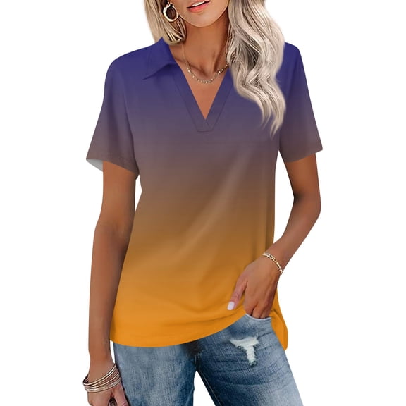 OIOLOYJM Golf Shirts for Women 2026 V-Neck Short Sleeve Gradient Polo Shirts Summer Lapel Loose Fit Hiking Tennis Shirts Comfy Cozy Fashion Activewear Orange XL