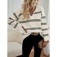thumbnail image 4 of Women'S Casual Striped Long Sleeve V Neck Lightweights Pullover Sweater Loose Fit Drop Shoulder Knitted Tops White S, 4 of 9