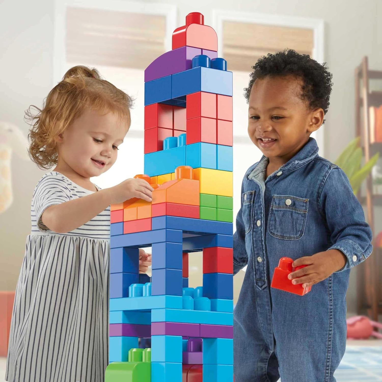 MEGA BLOKS Fisher-Price Toddler Block Toys, Big Building Bag with 80 Pieces and Storage Bag