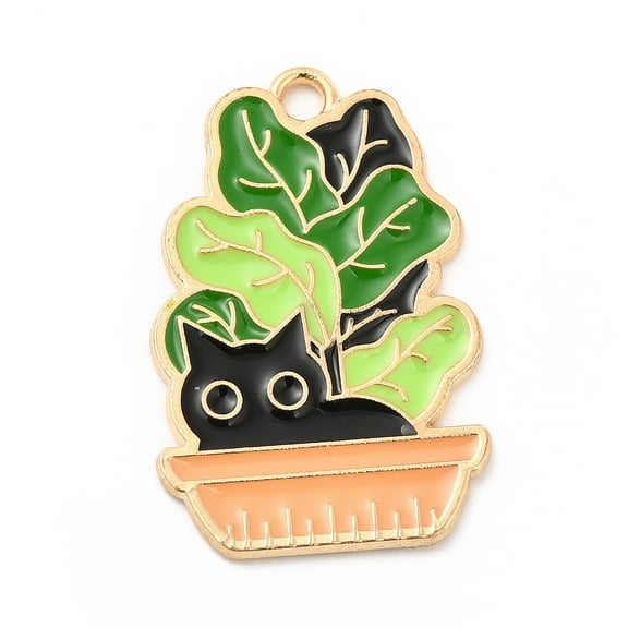 5pc Alloy Enamel Pendants Light Gold Potted with Cat Charm Lawn Green 28x18x1mm Hole: 2mm