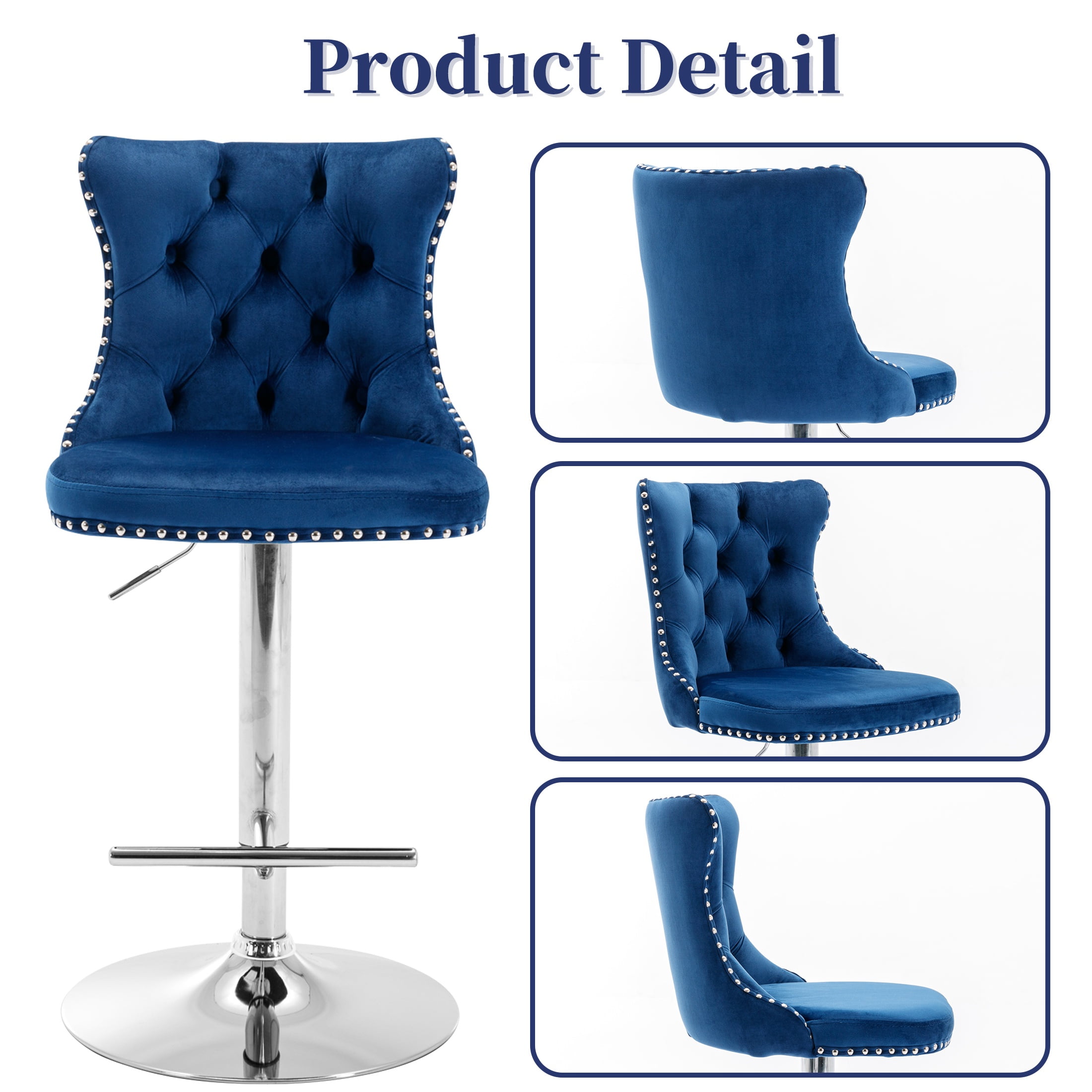 PAPROOS Bar Stools Set of 4, 360°Velvet Swivel Barstools with Backs, Chrome Base, Adjustable Seat Height from 25-33 inch, Counter Height Bar Chairs for Kitchen Island, Home Bar, Blue