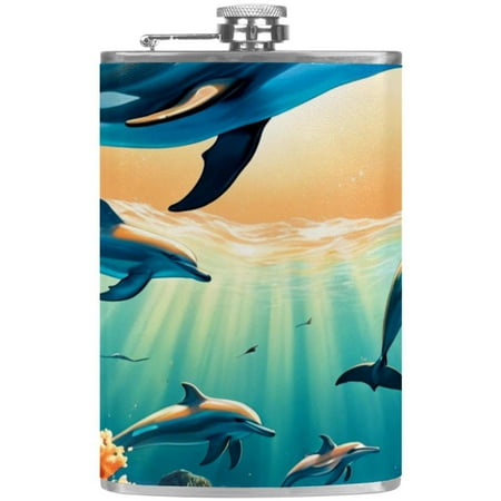 

josid Dolphins Pattern 3.6x6in Stainless Steel Small Flask Leak-Proof Stainless Steel Construction Wrapped in Premium Two-Layer Leather Nano-Printed Design 227ml Capacity