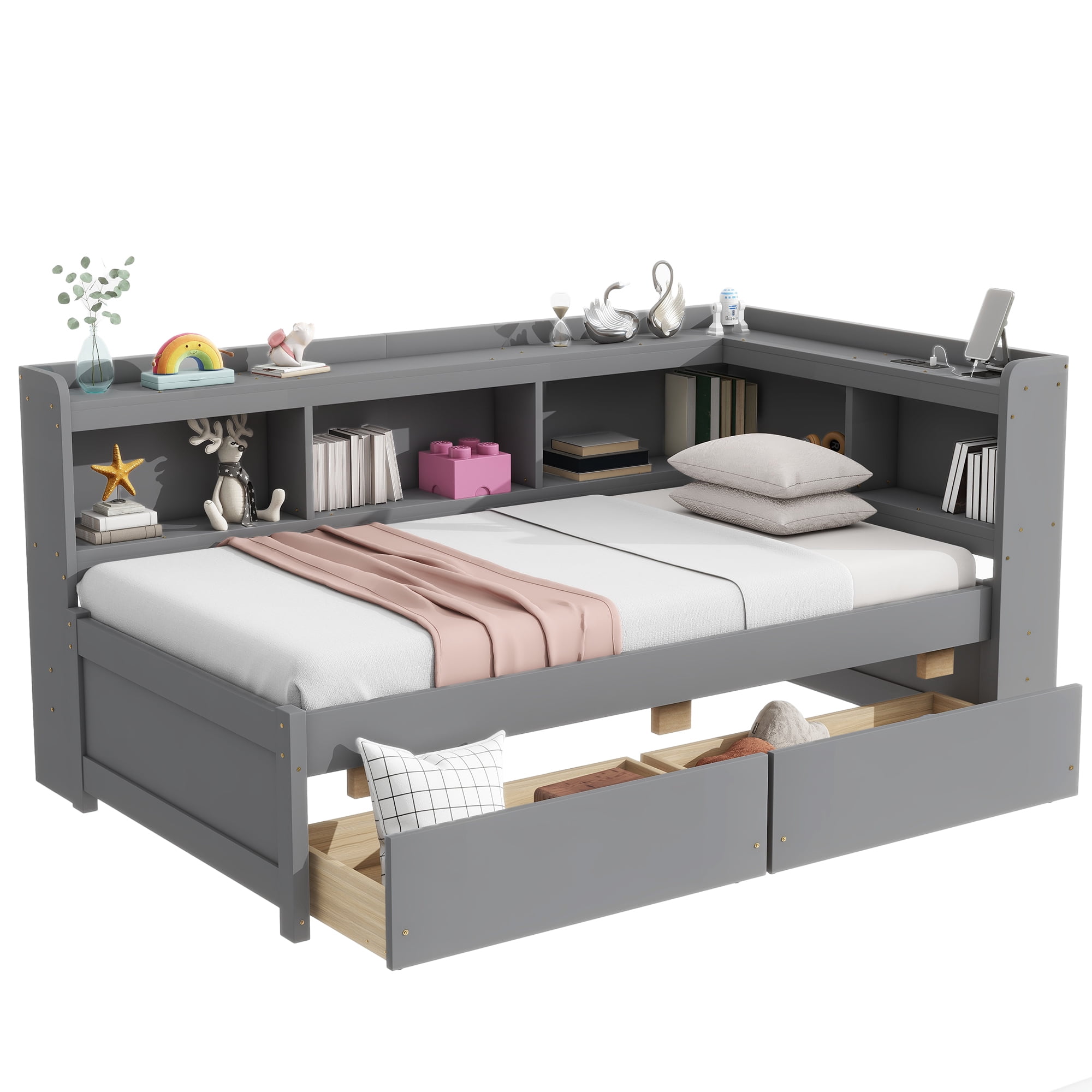 Leumius Twin Size L-shaped Bookcases Bed with Power Outlets, USB Charging Ports,Two Drawers,Grey