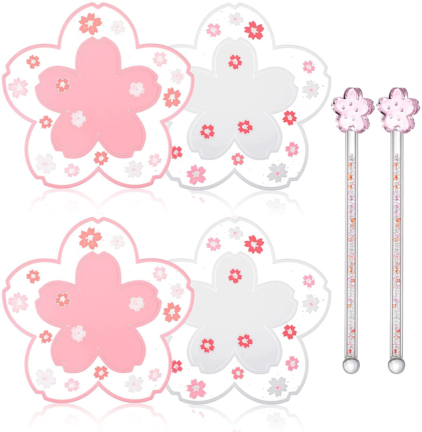 Tableware Tea 4, 4.5 Inch Sakura PVC Coaster Cherry Blossom Cup Coaster Anti-Skid Insulation Coaster for Beer Coffee 