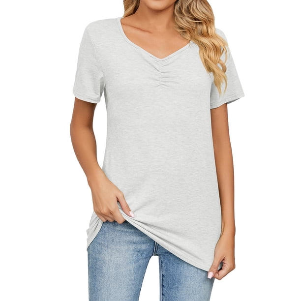 Camiseta fina de verano con cuello en V y plisado para mujer - Jersey de color liso - Tejido suave, versátil para la playa/fiestas, con un encantador detalle de rosas