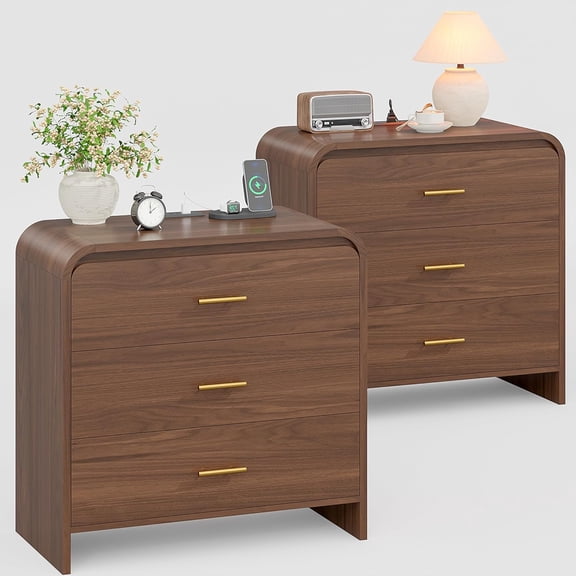 31.5" Wide Nightstand Set of 2, Oversized 3 Drawers Night Stand With Charging Station, Extra Large Bedside Table, Mid Century Modern Wood Dresser for Bedroom, Walnut (Set of 2)