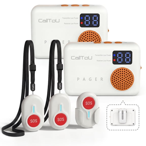 CallToU Wireless Caregiver Pager System for Seniors & Patients, 1000 ft Range, 2 Receivers with Vibration & Display, 3 Waterproof SOS Buttons