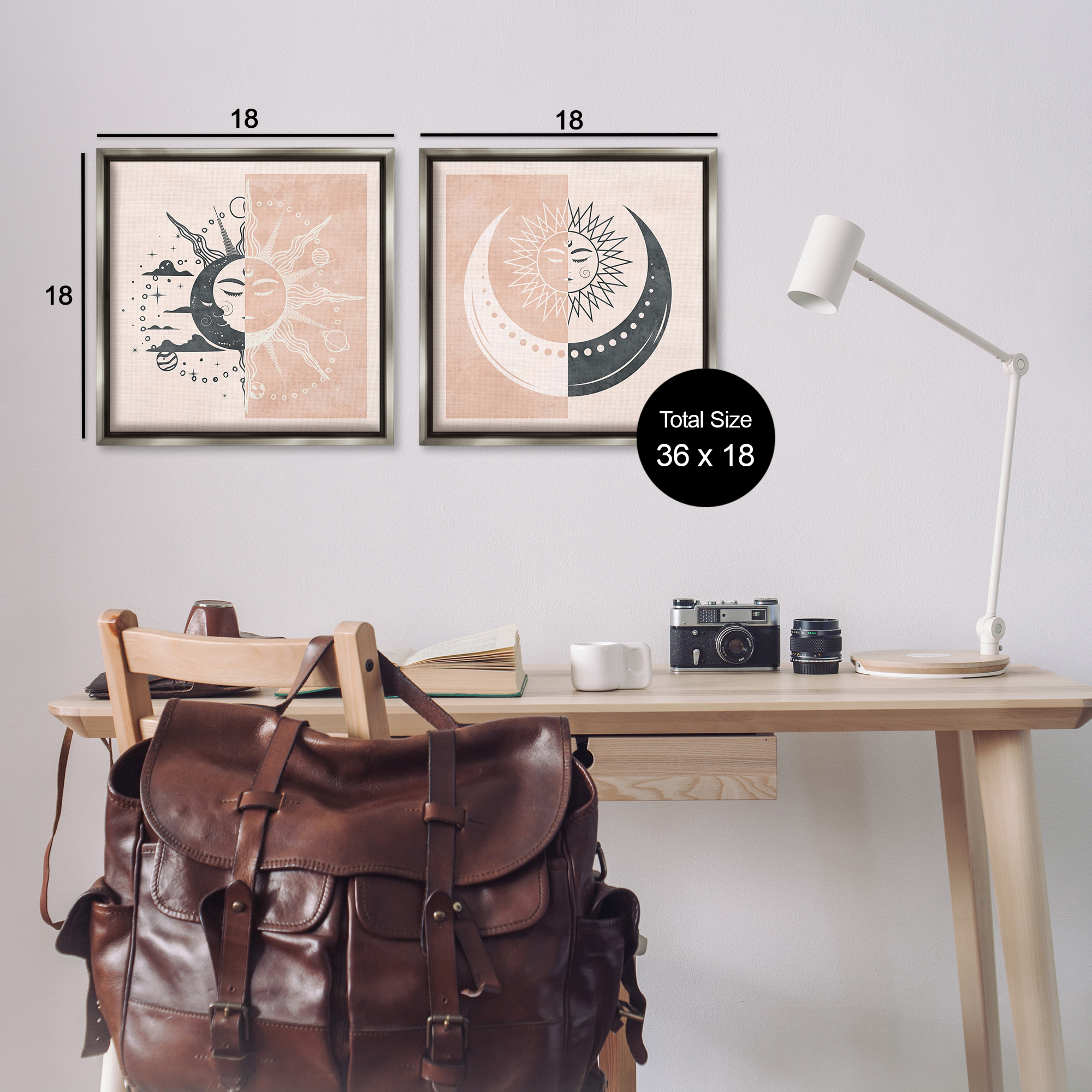 Stupell Industries Boho Two Tone Moon Sun Astrology & Stars Painting Gray Floater Framed Canvas Art Print Wall Art, 18 x 18, Set of 2
