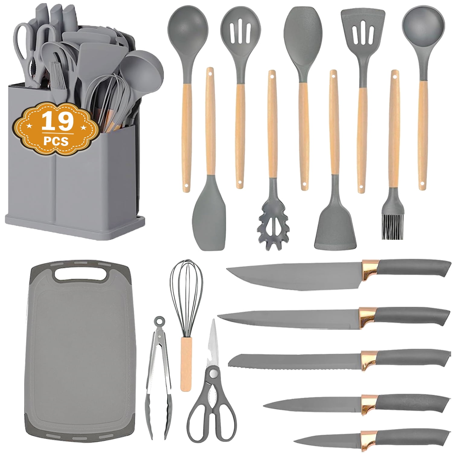 19 PCS Kitchen Silicone Cooking Utensils with Stainless Steel Chef's Knife Set, Food Grade Silicone Set, Durable Kitchen Knives, Gray