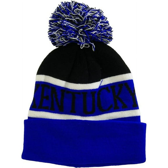 Kentucky Wide Stripe Winter Knit Pom Beanie Hat (Black/Royal Blue)
