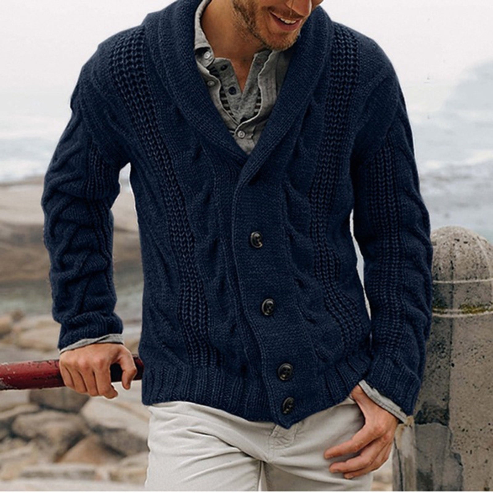 Egnmcr Mens Cable Knit Cardigan Sweater Shawl Collar Loose Fit Long Sleeve Casual Cardigans, Men's, Size: Small, Blue