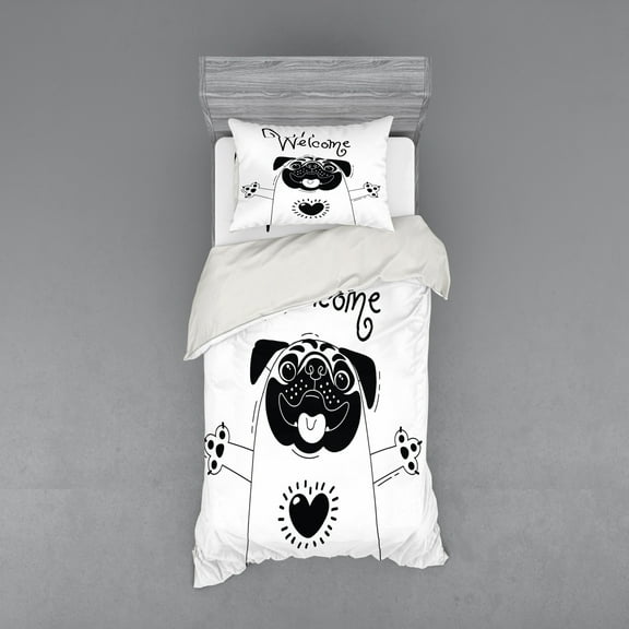 Ambesonne Pug Bedding Set 3 Pcs, Black and White Dog, Twin XL, Black White