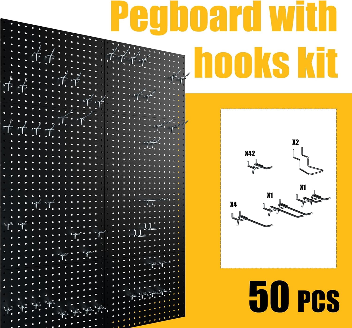 Peg Board, 8 Pack Metal Pegboard Panels with 50 Hooks, Black Pegboards Wall Organizer, Heavy Duty Peg Board for Walls Home, Garage Tool Storage, Office Organization, Craft Room, Kitchen