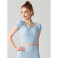 thumbnail image 6 of Women'S Cold Shoulder Summer Halter Top Short Sleeve Off the Shoulder Rib Knit Crop Top Tee Shirt Blue M, 6 of 8
