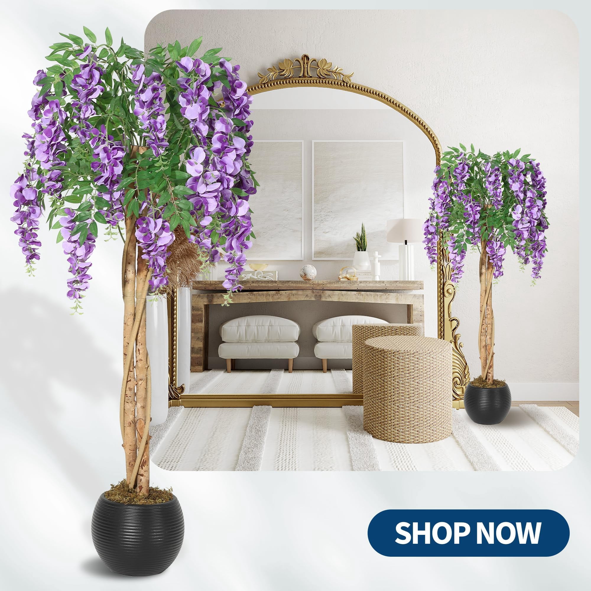 Accreate Artificial Purple Bean Flower Tree, Purple Red Silk Fake Plant with Cement Pot - Lifelike Hanging Vine & Moss for Home Décor, Living Room, Office, Wedding, or Photo Backdrop