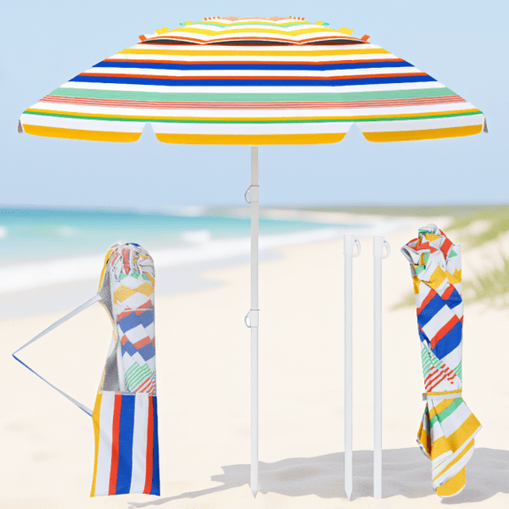 6.5 ft Beach Umbrella with UPF 50 Sun Protection, Push Button Tilt, Sand Anchor, Colorful Striped