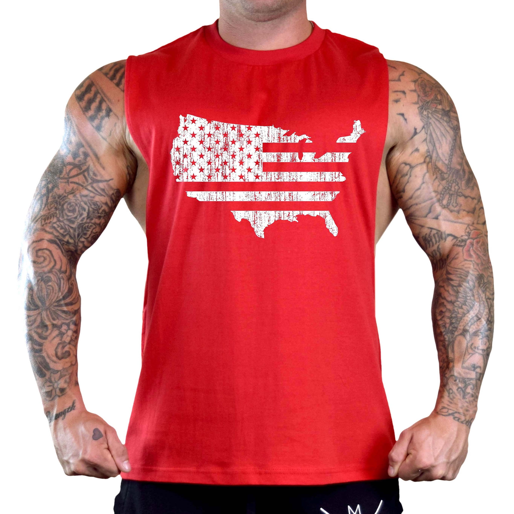 Men's US Flag Map Sleeveless Red T-Shirt Gym Tank Top 2X-Large Red ...