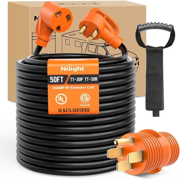 Nilight 50FT 30 Amp RV Extension Cord with Adapter 50Amp to 30Amp 125V Heavy Duty 10/3 Gauge Pure Copper STW Wire UL ETL Listed 3 Prong TT-30P TT-30R Weatherproof Suit for Generators Campers