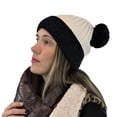 thumbnail image 2 of Double Pom Pom Thick Knitted Beanie Hat Faux Fur Lined, Two Tone Beige Black, 2 of 2