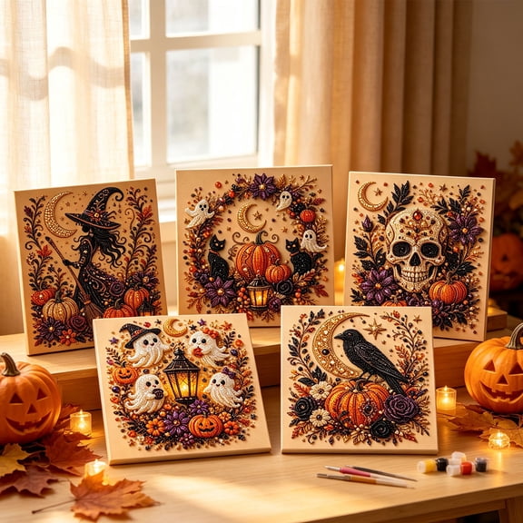 CPHDW7 Halloween Pearl Art DIY Kit, Halloween Decorations Pearl Painting Craft for Fall Home Halloween Party Supplies, Halloween Birthday Party Decorations