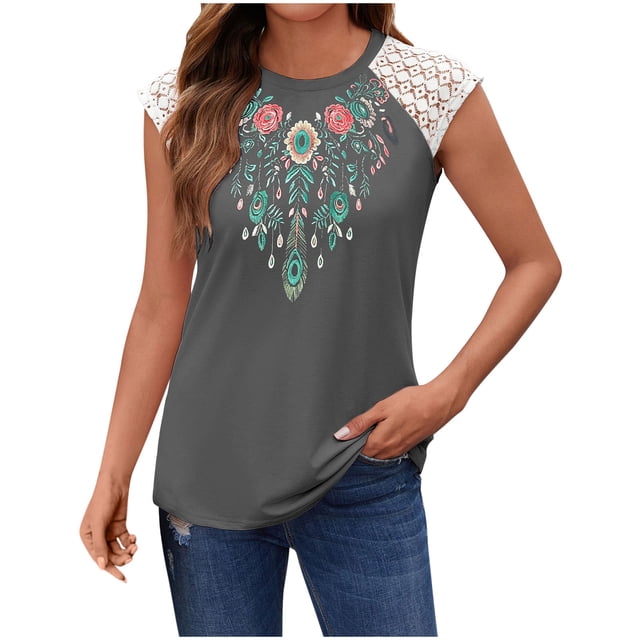 Qulqfy Tunique Vintage en Dentelle Manches Courtes Gris Décontracté pour Sortir S