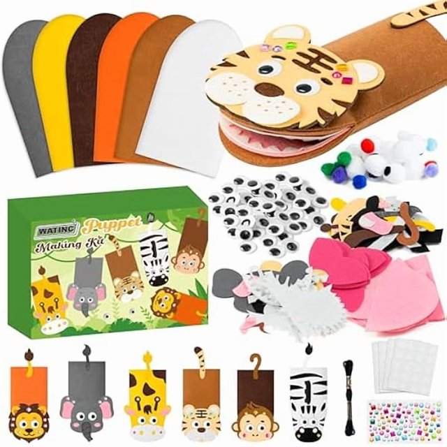HAYAN 6Pcs Hand Puppet Making Kit, Art Craft Felt Sock Puppet Toys, Creative DIY Make Your Own Pompoms Wiggle Googly Eyes Storytelling Role Play Party Supplies Gift for Girls Boys (Wild Animals)