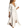 thumbnail image 1 of CHOK Robes d'Été de Femmes Coton Lin V-Cou Couleur Unie Unique Boutonnage Revers Robe Dames Robes à Manches Courtes, 1 of 8