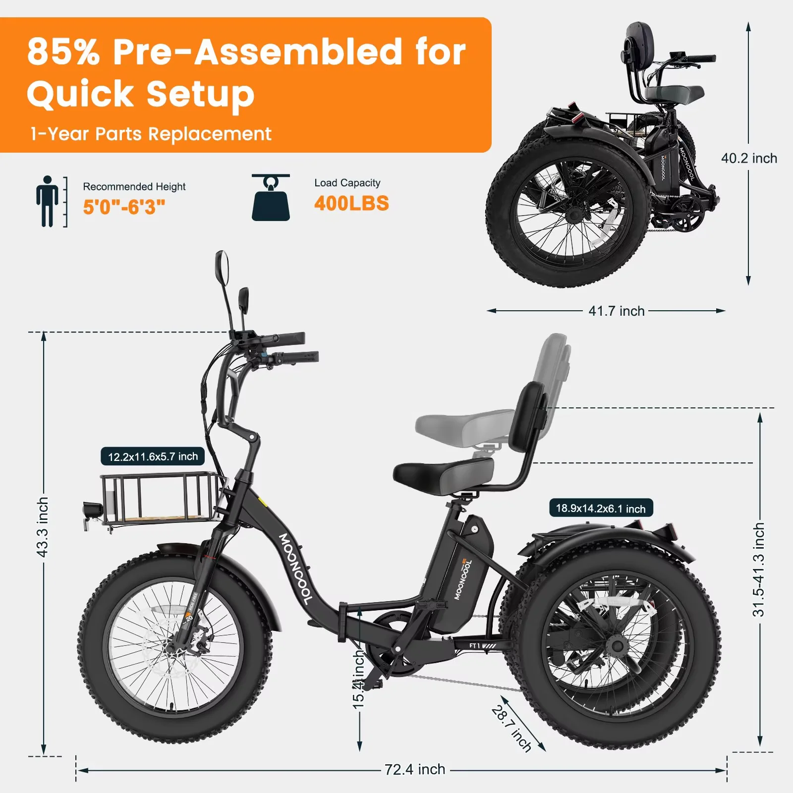 Lilypelle Peak 1100w Folding Electric Tricycle for Adults, 7 Speed 20" x 4.0 " Fat Tire 3 Wheel Aluminum Electric Bike W/ Differential & Suspension Fork, 48V 14.5Ah Battery, Up to 60Miles, 16Mph