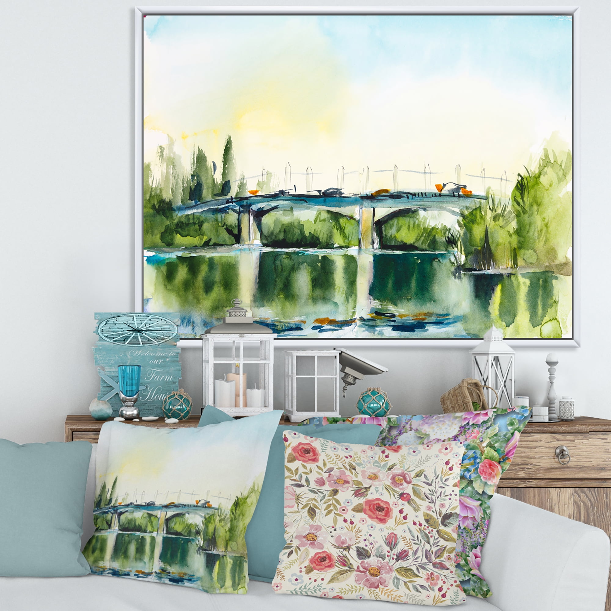Designart 'Landscape With Old Bridge Over River In The Countryside' Traditional Framed Canvas Wall Art Print