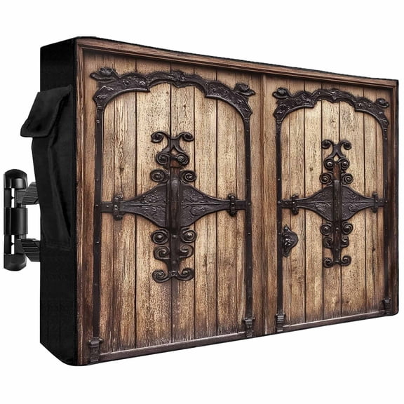 Outdoor TV Cover 58x37x4.5in, Vintage Farm Doors Weatherproof TV Screen Protector with Zipper, Country Wooden Boards Outside Television Cover Fits Up to 60-65"