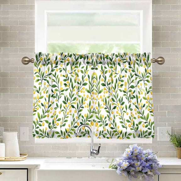 Yayeee Kitchen Curtains Light Filtering 27"x36" Rod Pocket Short Cafe Window Panel, Olive Leaf