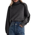 thumbnail image 2 of Female Mock Neck Pullover Sweaters Casual Fall Winter Long Sleeve Color Block Loose Knitted Tops Dark Gray L, 2 of 10