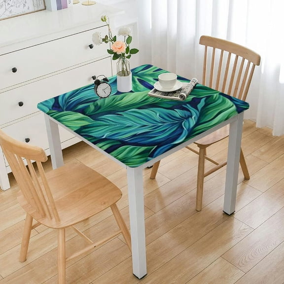 HAOXIT Elastic Edge Fitted Square Tablecloth, Blue Palm Leaf Waterproof Wipeable Polyester Table Cover, for Outdoor Patio and Indoor Kitchen Dining Party, Fit for Square Table white