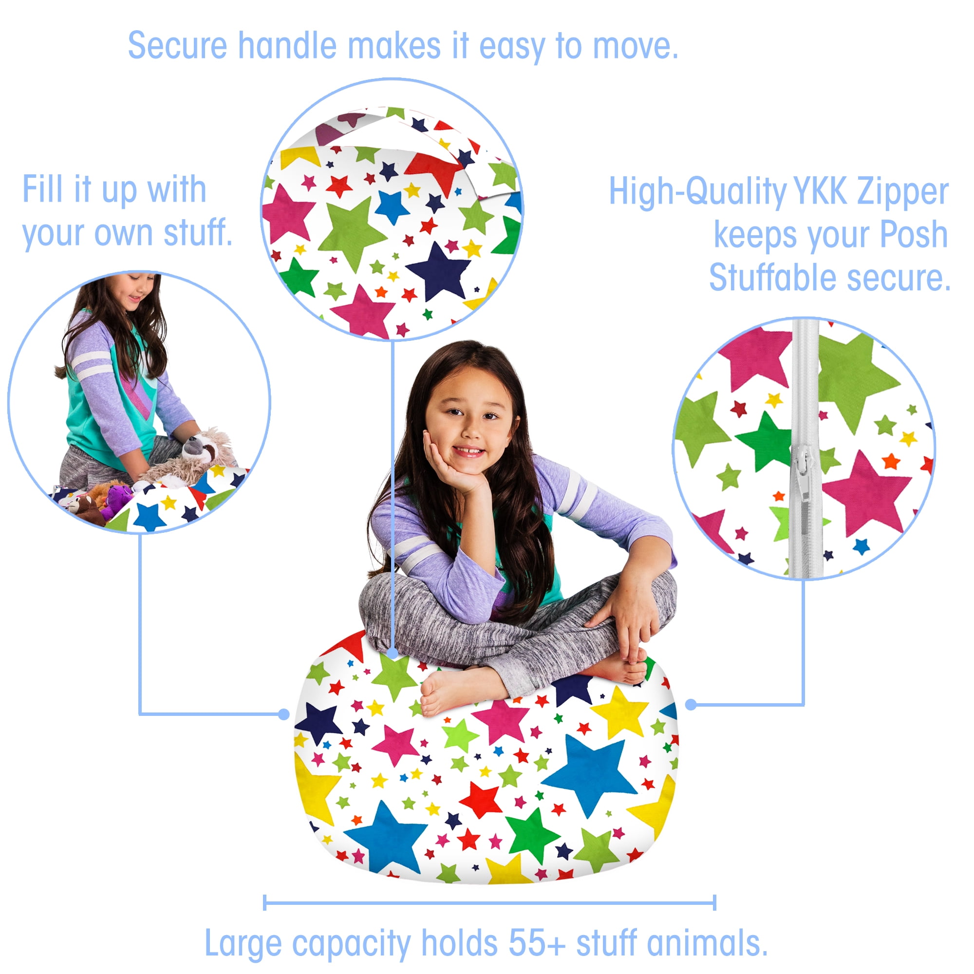 Posh Creations Bean Bag Stuffable Cover Only,Seat,Canvas,Kids,2 ft, Multicolor Stars,White