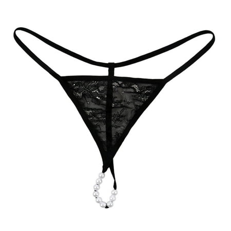 eczipvz Women s Pearl T Back Embroidery Lace Thongs with Pearls Thong Panty Underwear(BK1 M)