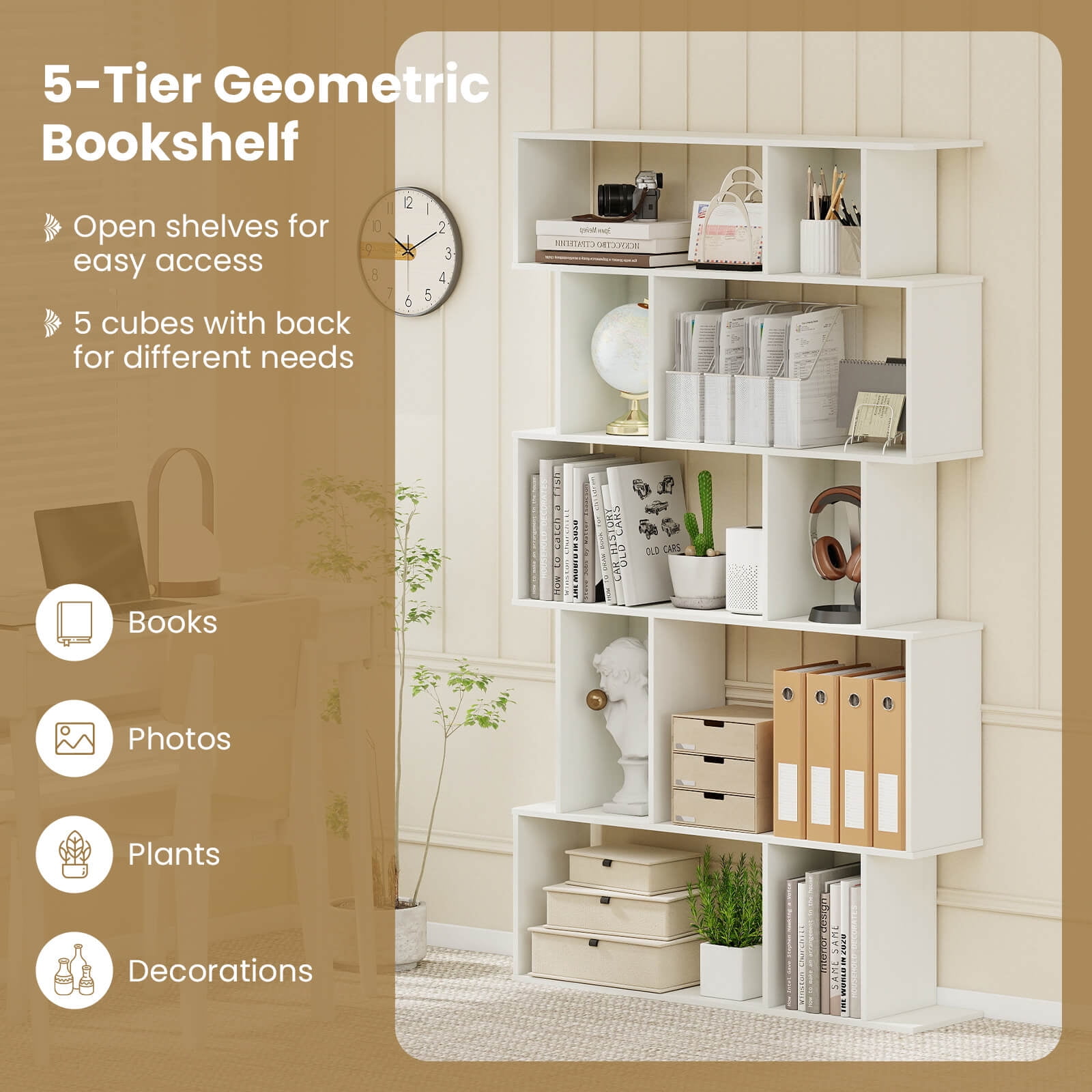 Costway 1 PCS 5-Tier Geometric Bookshelf with Open Shelves & Closed-back Cubes for Living Room White