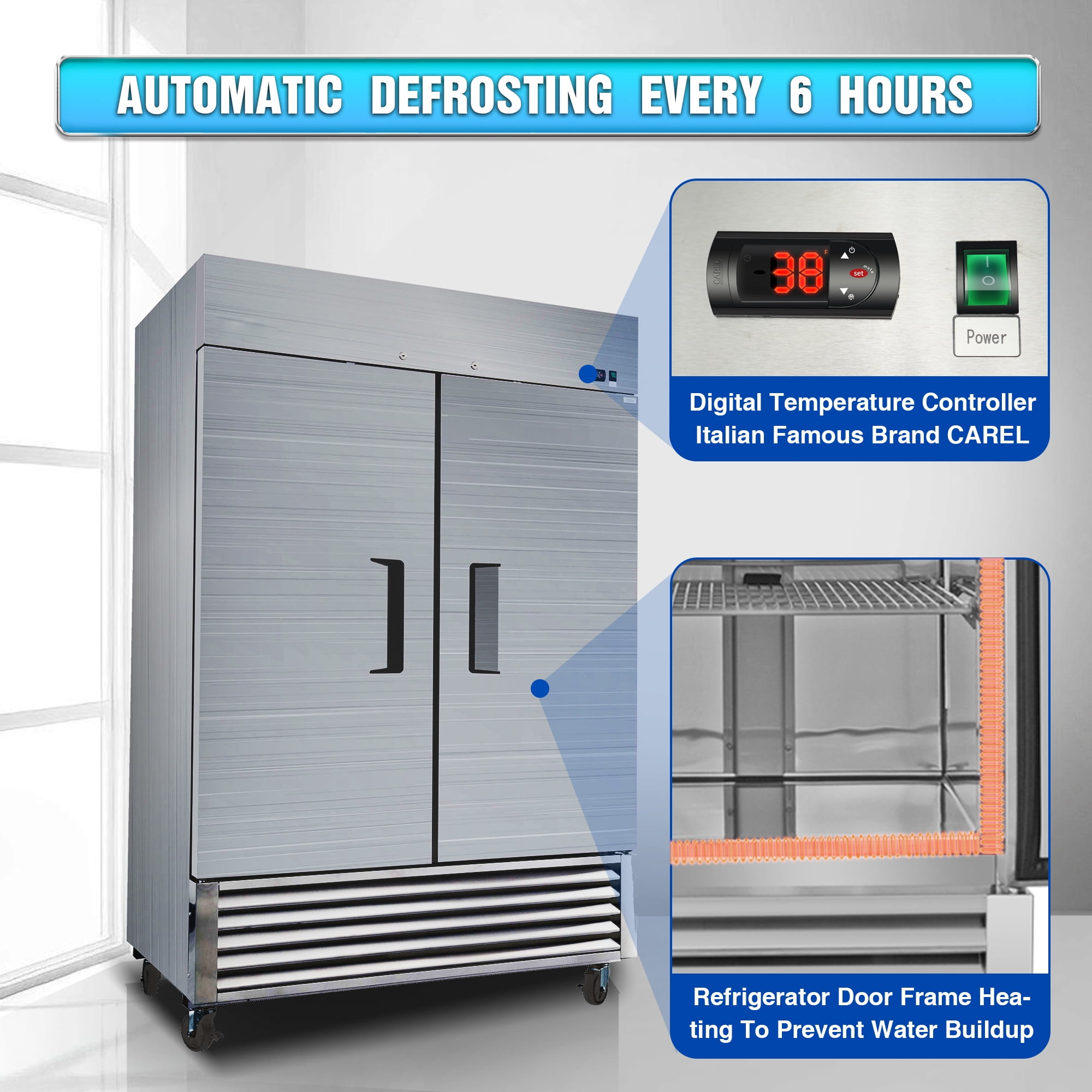 WHALLPRO 54" Commercial Refrigerator 49 Cu.ft with 2 Solid Door Reach-In Refrigerators Stainless Steel ETL Approved Upright Fridge Storage