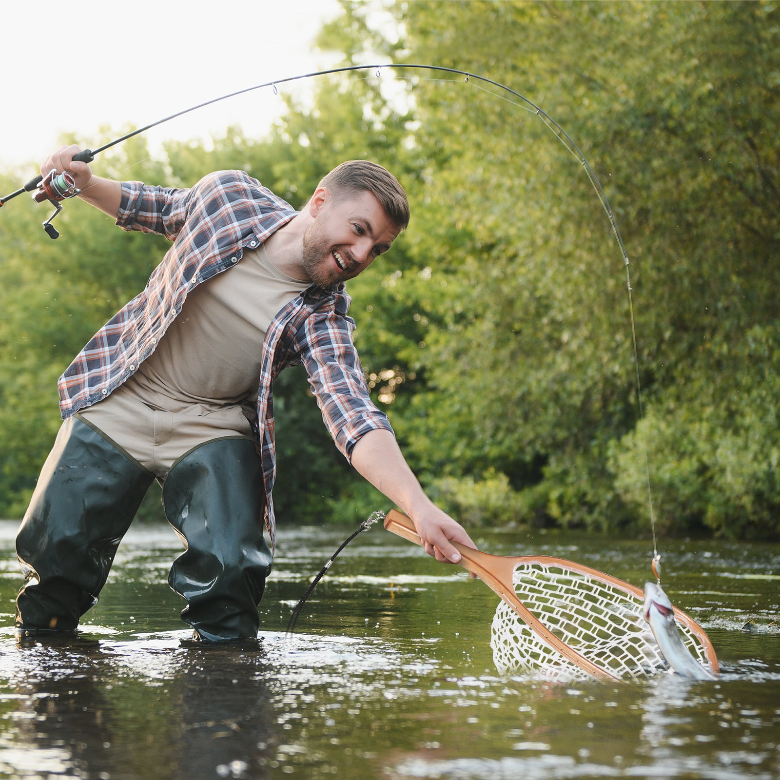 Wooden Fly Fishing Net - Soft White Silicone Mesh, Beech Wood Straight Handle, Lightweight, Durable, Safe Catch & Release, For Trout, Bass, Freshwater & Saltwater